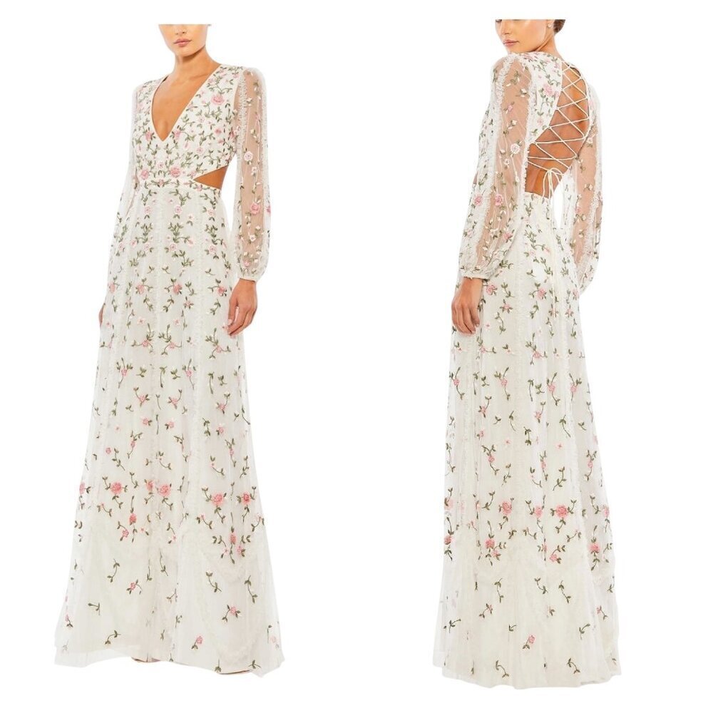 Mac Duggal 70159 Floral Embroidered Gown Ivory Multicolor Lace Back Size 10 NWT